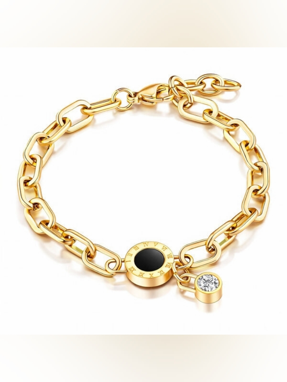 18 K Gold  Plated Link Bracelet with Black Enamel and Crystal Charm